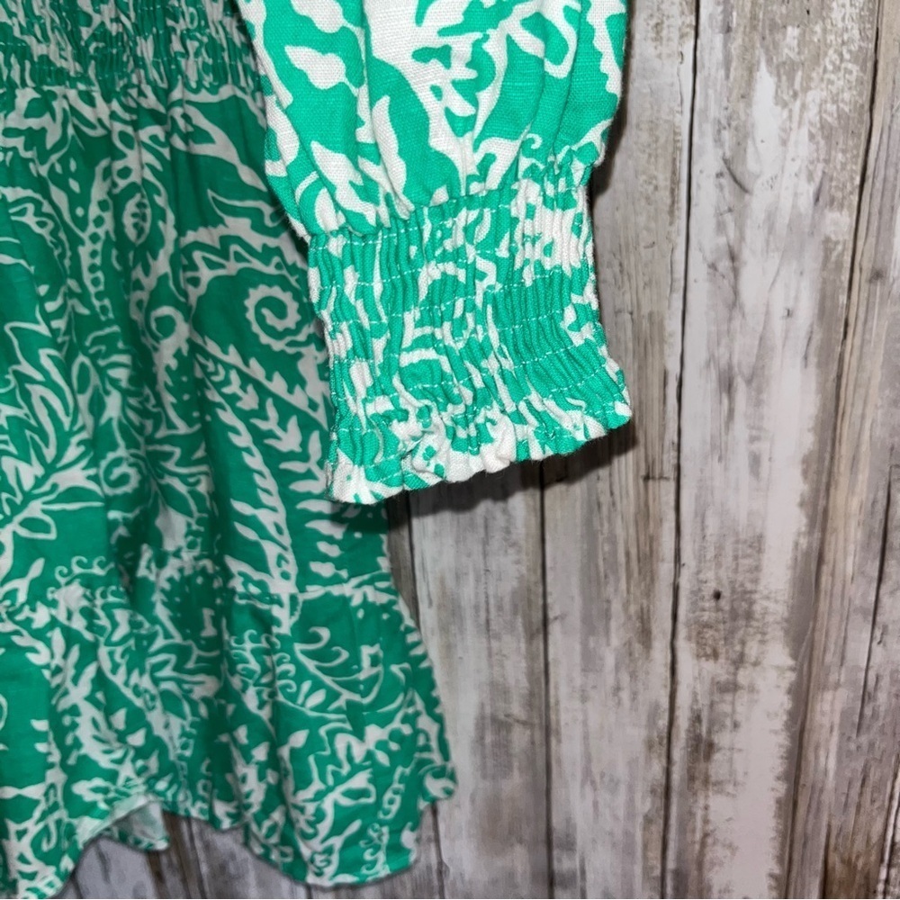 Zara Green White Linen Blend Mini Dress Printed Long Sleeve V Neck Flowy Size S - Picture 4 of 6